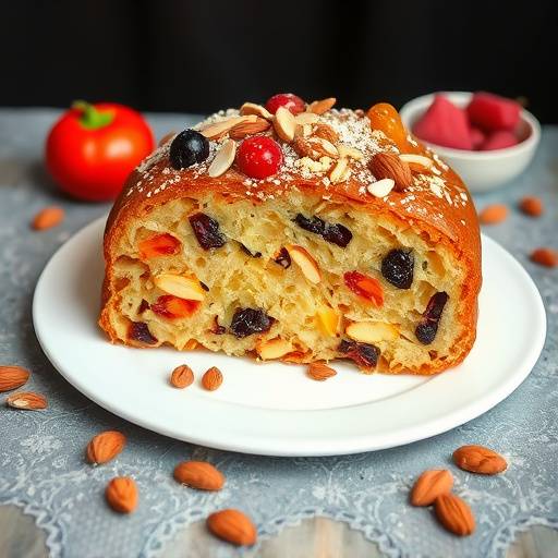 Freshly baked panettone with candied fruits and almonds